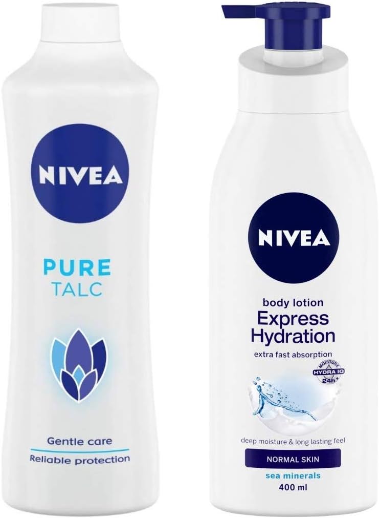 NIVEA Pure Talc, Gentle Care Talcum Powder, 400g And NIVEA Body Lotion, Express Hydration, For Normal Skin, 400 ml