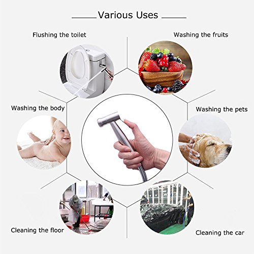Vataler Adjustable Trigger Handheld Bidet Toilet Sprayer Kit, Brushed Finished Baby Cloth Diaper Water Shattaf Kit & No Leakage 304 Stainless Steel Hose & Solid Brass T-Valve