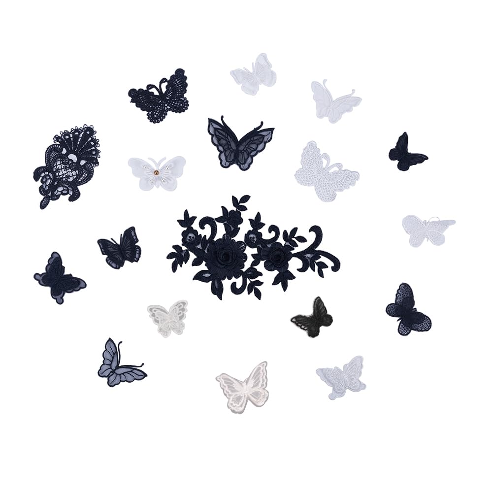 NBEADS 20 Pcs Lace Flower/Butterfly Embroidered Appliques Patches, Sewing Fiber Appliques DIY Garment Accessory Appliques Patches for Decoration or Repair of Cloth Dress Garment Jeans, Mixed Color