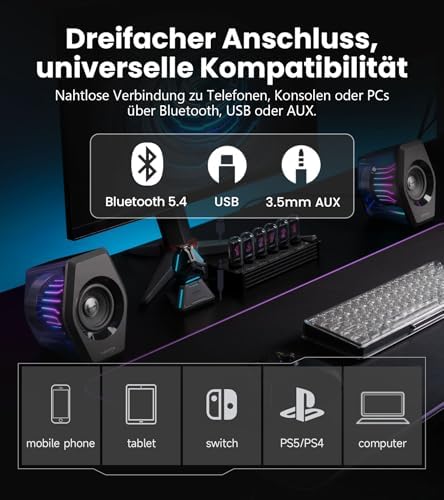 G2000 Pro 2.0 RGB Gaming-Lautsprecher mit 64 W Spitzenleistung, 270° TempoFlow™ Light Sync, Virtual 7.1 Surround Sound - Bluetooth 5.4/USB-C/AUX für PC, PS5, Schwarz