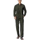 CUBECIRCLE Men's 2 Piece Set Long Sleeve Casual Henley Shirts Loose Pants Set Lounge Vacation Outfits Summer Beach Set