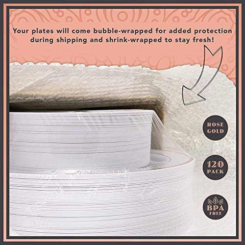 Rose Gold Plates 120pcs Eco-Friendly & Extra Strong. Premium China Lookalike Plastic Plates for Baby Shower, Birthday & Wedding. No Cleanup with Disposable Plates. Re-Usable Rose Gold Party Plate - Thumbnail 7