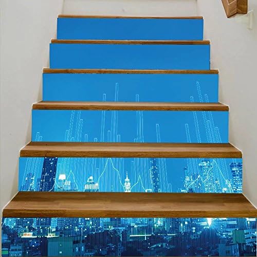 vanfan 3D Creative business bar graph on night city background DIY Refurbished Stairs Stickers Removable Waterproof Stairs Mural（39.3"w x 7"h x 6PCS）