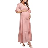 STYLEWORD Women's 2026 Summer Maternity Dress Short Sleeve V Neck Tiered Boho Flowy Long Maxi Dress