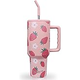 wannesy 40 oz Cute Strawberry Tumbler with Handle and Straw Lid Strawberry Themed Gifts for Women Girls Double Insulated Cup Travel Coffee Mug