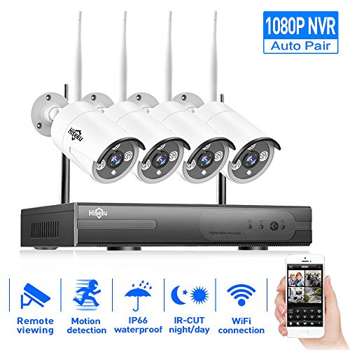 Hiseeu Wireless CCTV System 960P 4ch Powerful Wireless 1080P NVR, 4PCS 1.3Megapixel Wireless Weatherproof Bullet IP Cameras,Plug and Play,P2P,App,4 Channel Home Security System Free Remote view NO HDD