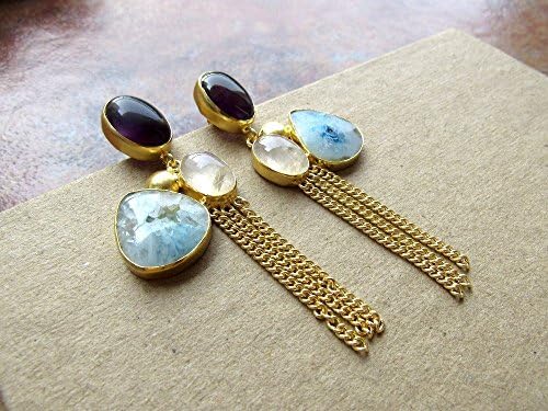 Natural Blue Agate Earrings with Amethyst and Moonstone, Multi Color Statement Earrings with Chains