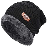 EASTER BARTHE Classic Men's Thick Warm Winter Fleece Lining Knit Beanie Hat Baggy Oversize Slouchy Stocking Skull Cap Khakis Beanie Hat Cap for Men 6 Colors(Black)