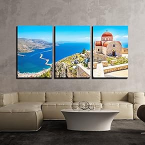 3 Piece Canvas Wall Art - Amazing View on Remote Church with Red Roofing on The Cliff of The Sea, Greece - Modern Home Art Stretched and Framed Ready to Hang - 16"x24"x3 Panels