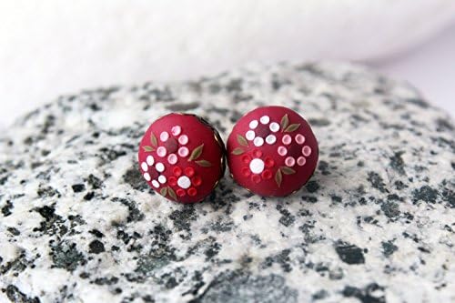 Red Stud Earrings, burgundy earrings, red posts Simple red floral earrings bright red studs, marsala red flower studs