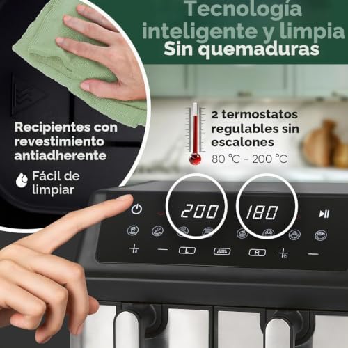 ProfiCook® Freidora de aire caliente 2 cámaras | Airfryer | 9 litros | con sistema de preparación simultánea | freír sin grasa | Freidora de aire caliente | recipiente antiadherente | PC FR 1296 H
