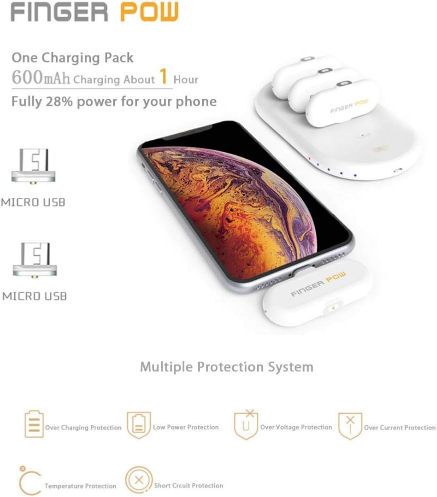 BooksToGrow Finger Pow Power Bank Magnetic Wireless Waterproof Mini Charger Backup Battery for iPhone Samsung Huawei Xiaomi Universal Mobile Smartphones 2* Micro USB