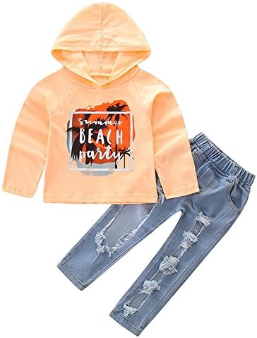 OUTGLE Little Girls Kids Orange Hoodie Top + Hole Jeans Clothing Set Outfits (2-3 Years)