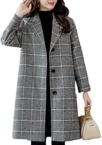 WAWAYA Women's Plaid Mid Length Single Breasted Wool Blend Retro Trench Jacket Pea Coat