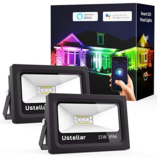 Ustellar 2 Pack Smart Outdoor Flood Lights 15W RGB Wifi LED Lights