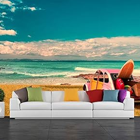 Vintage Sunny Day and Holidays Car in Formentera Beach, Spain - Removable Wall Mural | Self-Adhesive Large Wallpaper - 66x96 inches