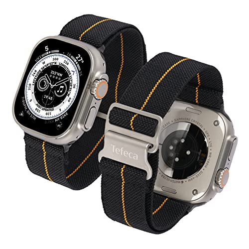 Tefeca Edge Series Stretchy Band Compatible with Apple Watch Ultra 2/Ultra 49mm, Series 10 46mm, Series 9/8/7 45mm, SE2/SE/6/5/4 44mm(Black and Yellow-Silver Hook, Standard Wide for 49/46/ 45/ 44mm)