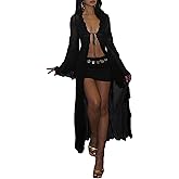 LETSVDO Women Sheer Long Kimono Cardigan Bell Sleeve Mesh Chiffon Ruffle Flowy Duster Robe Beach Swimsuit Cover Up Dress