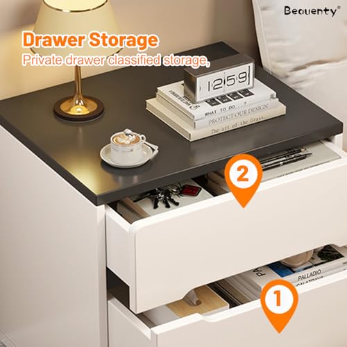 Beauenty Modern Nightstand, Bedside Table with 2 Drawers, Storage Side Tables, Space Saving End Table Cabinet for Bedroom, Office, Hotel, 40x40x45cm (2 Drawers-Black & White)