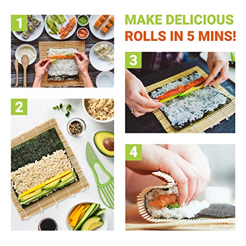 Sushi Making Kit - Bamboo Sushi Rolling Mat - Sushi Roller Set - Sushi Mat - Sushi Kit - Included 2 Rolling Mats - 5 Pairs Chopsticks - Paddle - Spreader + Avocado Slicer - Beginner's Guide (PDF)