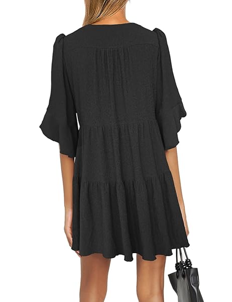 SEBOWEL WOMEN CASUAL SHORT SLEEVE V NECK PLEATED RUFFLE SHORT TIERED DRESS FLOWY MINI PARTY DRESS LOOSE SWING DRESS, BLACK, L