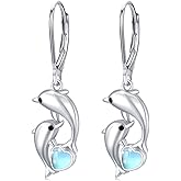 Dolphin Earrings for Women, Sterling Silver with Blue Heart Shaped Crystals Circle Hoop Earrings Ocean Nautical Cute Animal Sailor Drop Earrings for Sensitive Ears Jewelry for Best Friend