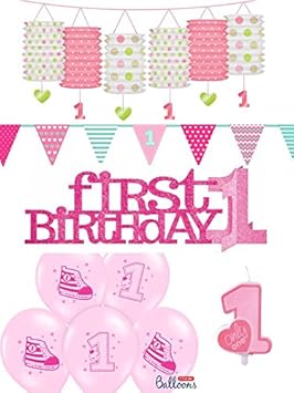 10-tlg. Partyset 1. Geburtstag rosa - Girlanden, Kerze, Hängeswirl, Luftballons u. Aufsteller