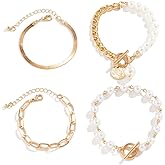 PLOUTOS Layered Gold And Pearl Bracelet Set For Women, Toggle Clasp Chain, Beaded Strands, Coin Charm, Adjustable Cuff Bangle