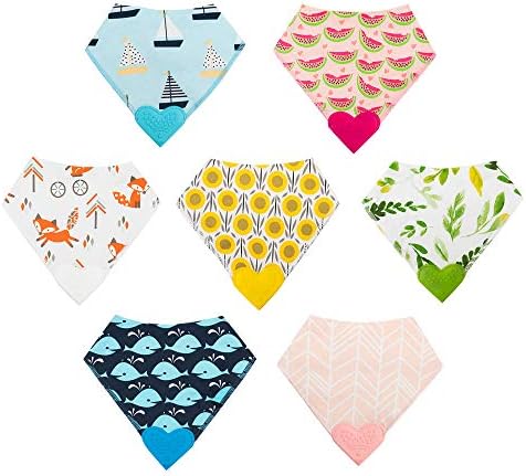 ROBABY Quality Designer Baby Teething Bibs – Bargain – 7Pack – Baby Boy Girl - Drool Bibs for Teething Baby – Gift Set - Bandana Bibs Style with Pacifier