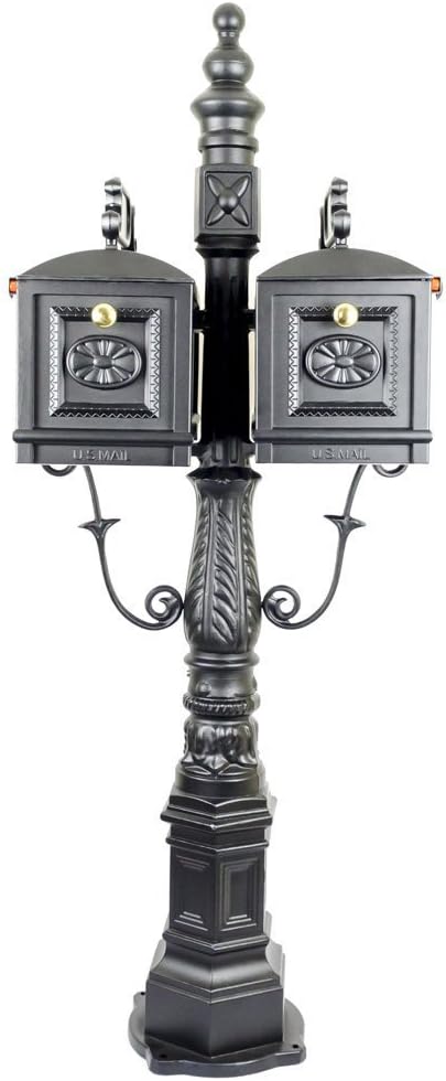 Double Mailbox with Post and Brass Numbers for House/ Postbox, Decorative Cast Aluminum Residential Post Mount Mailbox (Black-with Solid Brass Numbers)