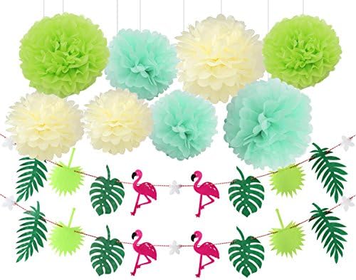 Luau Party Decoration Luau Party Supplies Tissue Paper Pom Poms Tropical Party Decoration Banner Flamingo Party Supplies Green Mint Cream Paper Flower Hawaiian Decoration Summer Party Supplies