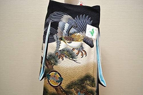 Om M 635 家紋入れ 五ツ紋 無料 お守りフードセット 贈答用化粧箱 きもの保存用たとう紙 黒地 ベビー服 鷹 ハイクラス 祝い着 松柄 正絹 刺繍 家電 カメラ 産着 プレゼント 男の子 赤ちゃん着物 ハイクラス 男児 お宮参り着物 B0859tqz49