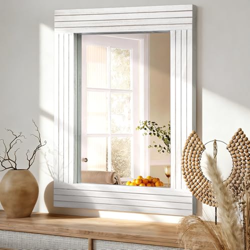 HLFMVWE Large Rustic Wall Mirror, Rectangular Vintage Wood Framed Large Mirror Deco Farmhouse Living Room Bathroom Bedroom Entrance White 45x65cm