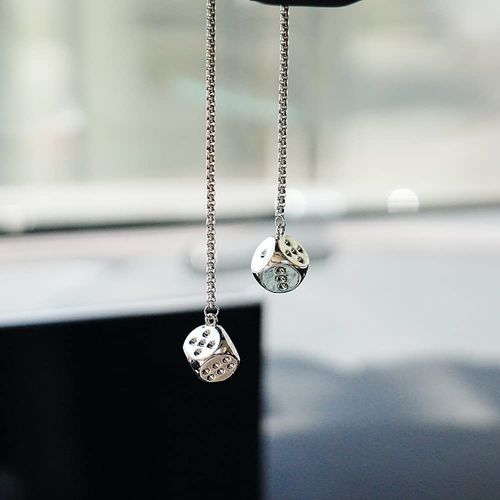 Photo 1 of AMIORO Creative Hanging Dice with Dots Car Metal Pendant Rear View Mirrors Charms Ornament (Silver)