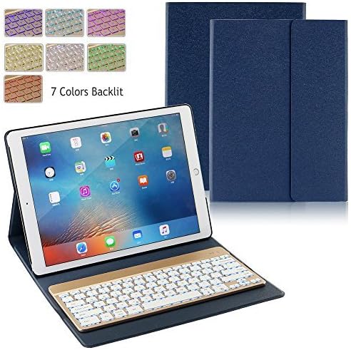 iPad Pro 12.9 Case with Keyboard, iEGrow F16S+ 7 Color Backlit Bluetooth and Smart Folio PU Leather Case for iPad Pro 12.9 Inch 2015 Released Model A1584/A1652(Diamond Blue)