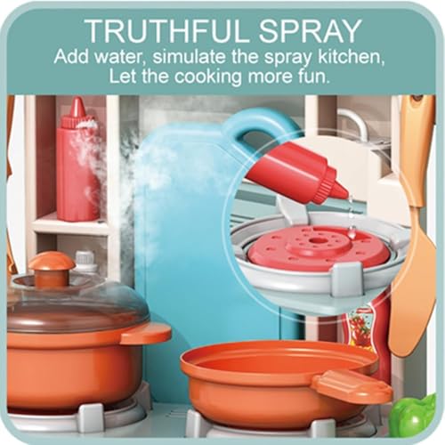 R REVA Mini Kitchen Playset for Kids Ages 3-8, 33PCS Compact Tabletop Pretend Play Cooking Set, 45cm Tall with Water Circulation Sink, Light & Sound Effects, Cookware & Food Accessories