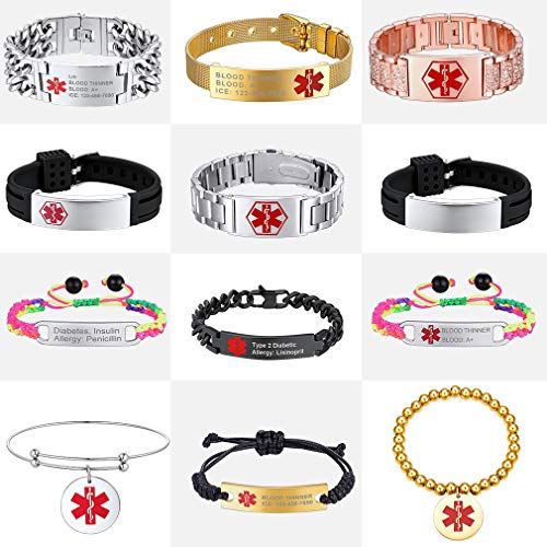 Supcare Medical Alert ID Bangle Bracelet Stainless Steel Cubic Zircon Addjustable Band Bracelet for Men/Boys/Women, Medical Alert Emergency Identification Charm Bracelet Jewelry
