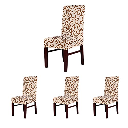 4 x Soft Fit Stretch Short Dining Room Chair Covers, Printed Pattern, Banquet Chair Seat Protector Slipcover for Party Hotel Wedding Ceremony (ChampagneCoffee)
