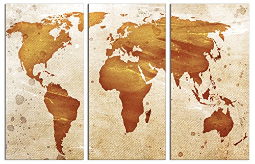 90 x 60 TOTAL - Abstract art World Map Canvas Print - 3 Panel Split, Triptych. Wall Art interior design, decor