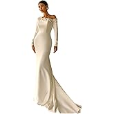 DLWPSC Satin Wedding Dresses for Bride Mermaid Long Sleeve Simple Boho Beach Bridal Gowns with Slit