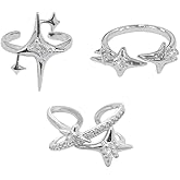 Y2k CZ Star Adjustable Open Stacking Rings for Women Men Vintage Punk Grunge Sparkling Crystal Cross Irregular Statement Stackable Finger Band Knuckle Rings Comfort Fit Fashion Jewelry 3Pcs Set