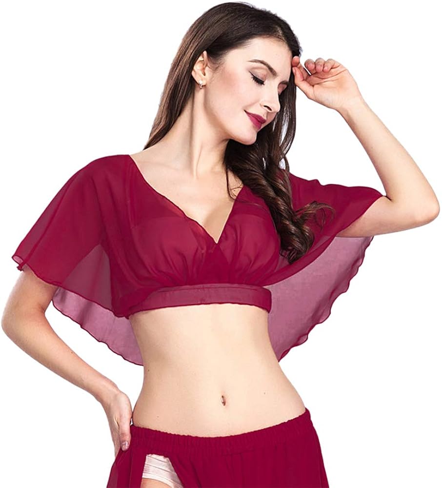 ROYAL SMEELA Belly Dance Top Sexy Dance Chiffon Top Belly Dancing Costume Women Dancer Practice Performance Candy Color Crop Tops Women Belly Dancing Clothes V-Neck Practice Top