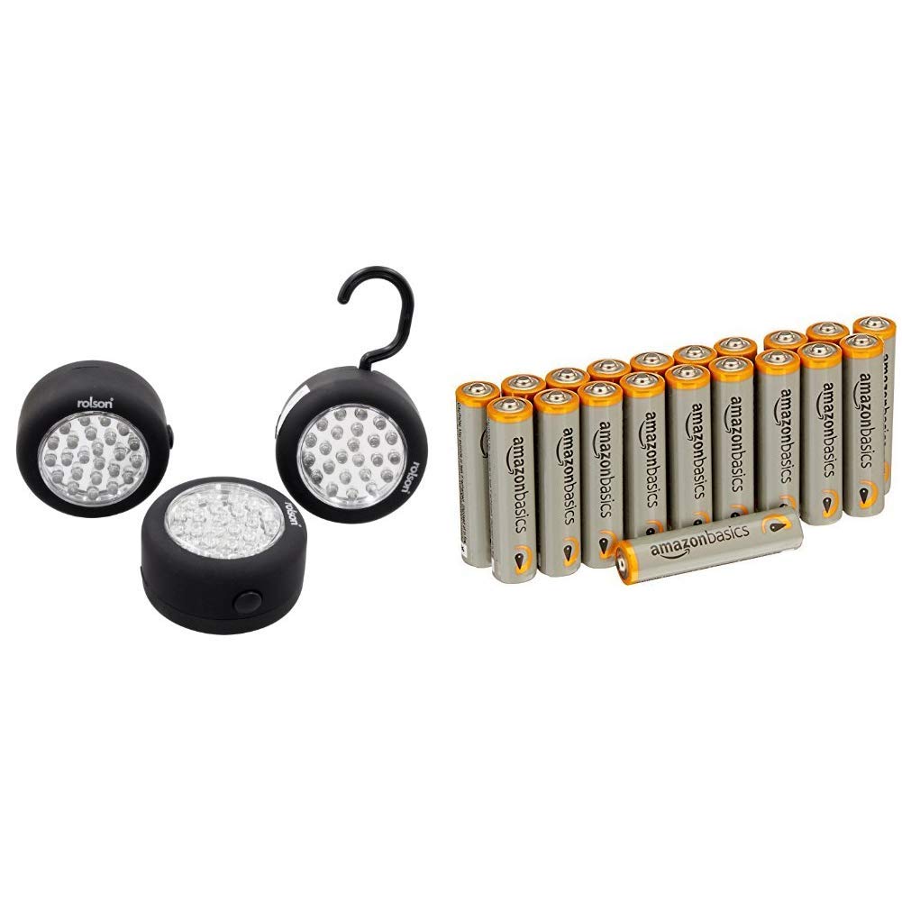Rolson 24 LED Lamp with Hook and Magnet Set - 3 Pieces & Amazon Basics AAA Performance Alkaline Batteries [Pack of 20] - Packaging May Vary