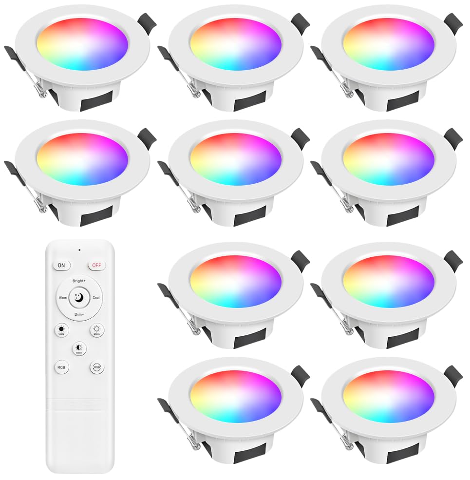 INDARUN 5W LED Recessed Ceiling Light Dimmable 350LM, RGBW LED Downlights for Ceiling, Remote and App Control, Bluetooth Spotlight 2700K-6500K for Living Room, Bedroom, Kitchen, KTV, Bars, 10 Pack