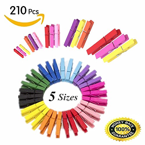 Joyous Journey Colorful Wooden Clips (5 Sizes, 210 Pieces), Natural Wooden Clothespins | Craft Peg Wood Pin Photo Decorative Clips (Multicolored)