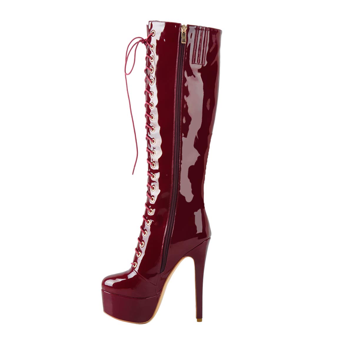 Only maker Stretch Platform Knee High Boots Stiletto Heeled Booties Zip Up Boots for Women Men Motorcycle Bridal Burgundy Size 9