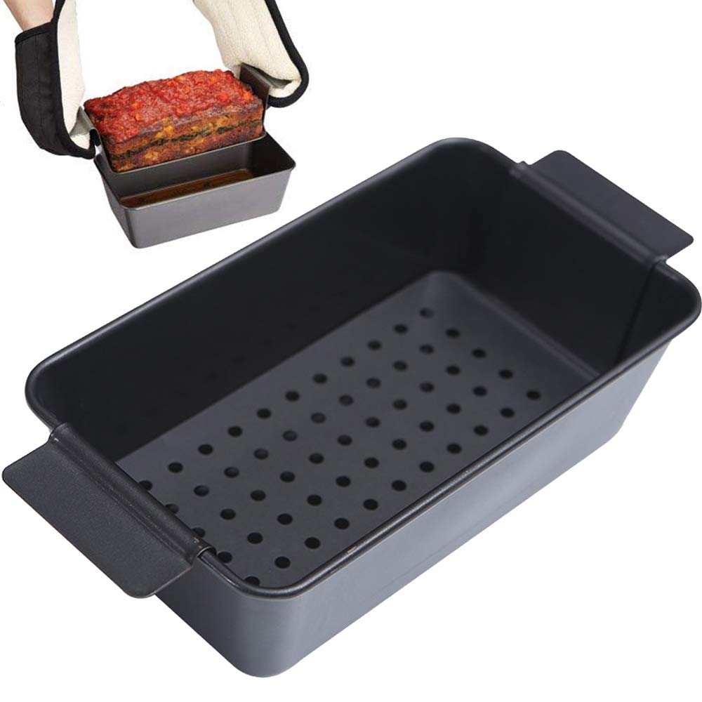 TAMUME 2-Piece Easy-Release Carbon Steel Meat Loaf Tin with Removable Lift-Up Tray, Non Stick Roasting Pan with Rack for Quiche, Meatloaf and Lasagna