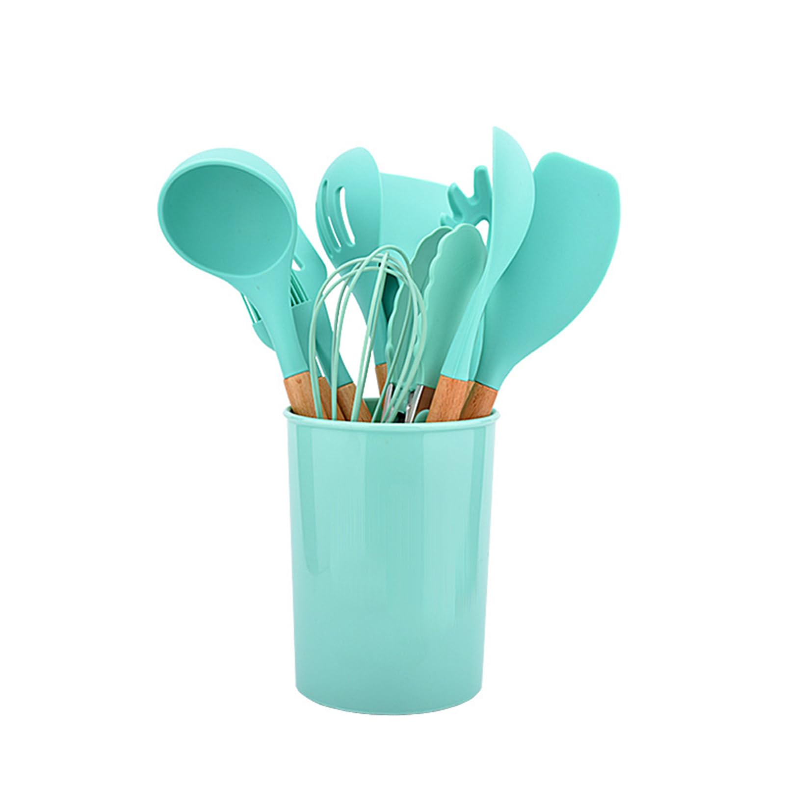 Wooden Handle Silicone Kitchenware Set 12PCS Baking Tools Non-Stick Pan with Storage Bucket Kitchen Utensils Set Green