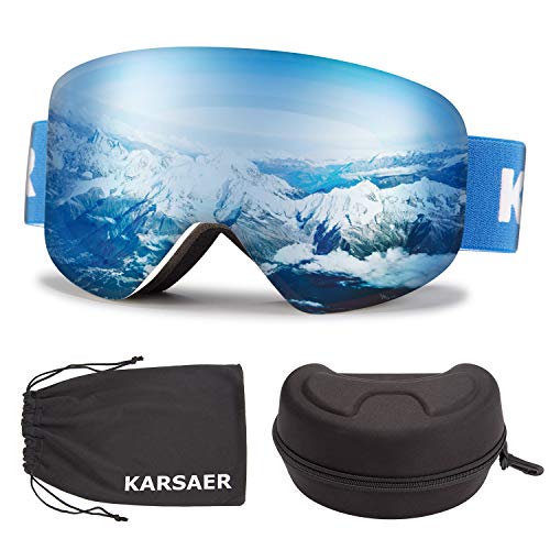 Karsaer Ski Goggles Snowboard Snow Goggles OTG Magnet Dual Layers Lens UV Protection Anti-Fog UV Protection Scratch Resistant Anti-Slip Strap for Men Women