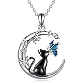 Black Cat Moon Necklace With Butterfly Pendant for Women - Cat Lover Gifts - Small Jewelry